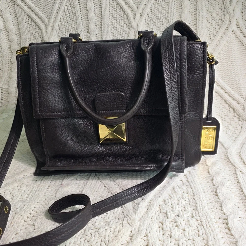 Badgley Mischka‎ Satchel Shoulder Bag Dark Brown Thick Pebbled Leather Gold Logo